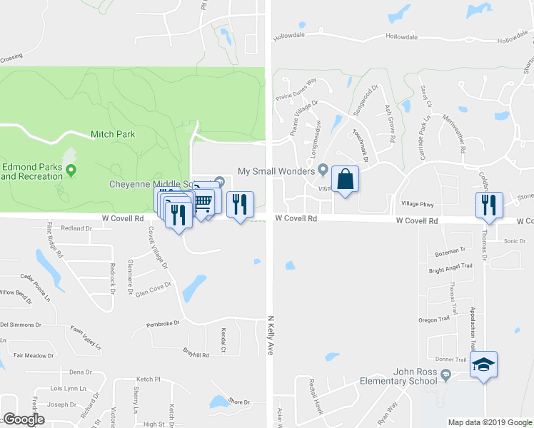 map of restaurants, bars, coffee shops, grocery stores, and more near 901 West Covell Road in Edmond