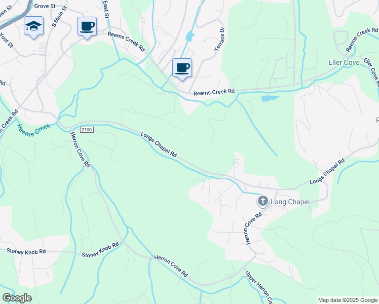 map of restaurants, bars, coffee shops, grocery stores, and more near Longs Chapel Road in Weaverville