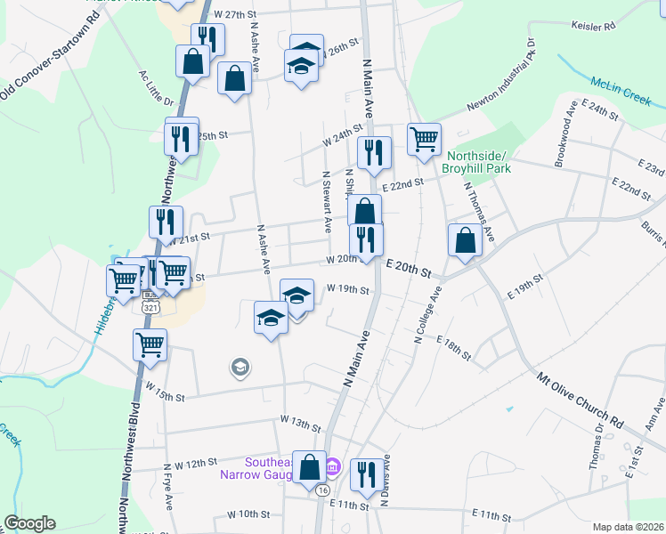 map of restaurants, bars, coffee shops, grocery stores, and more near 107 West 20th Street in Newton
