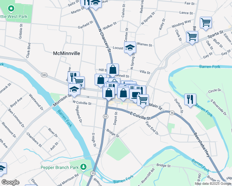 map of restaurants, bars, coffee shops, grocery stores, and more near E Morford St & W Court Square in McMinnville