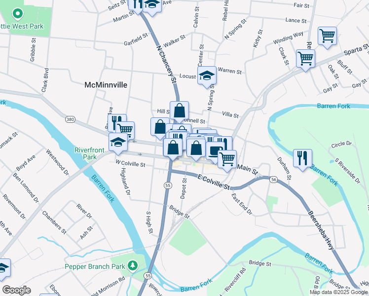 map of restaurants, bars, coffee shops, grocery stores, and more near E Morford St & W Court Square in McMinnville