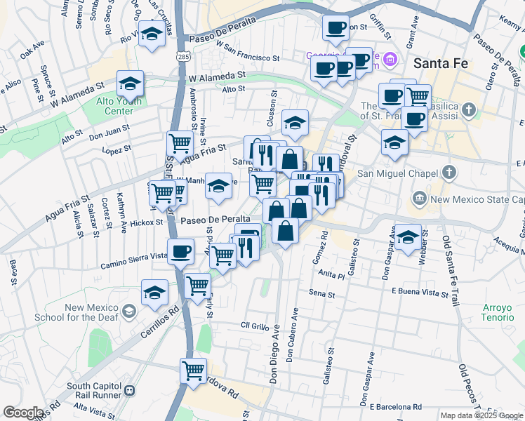 map of restaurants, bars, coffee shops, grocery stores, and more near 1607 Paseo De Peralta in Santa Fe
