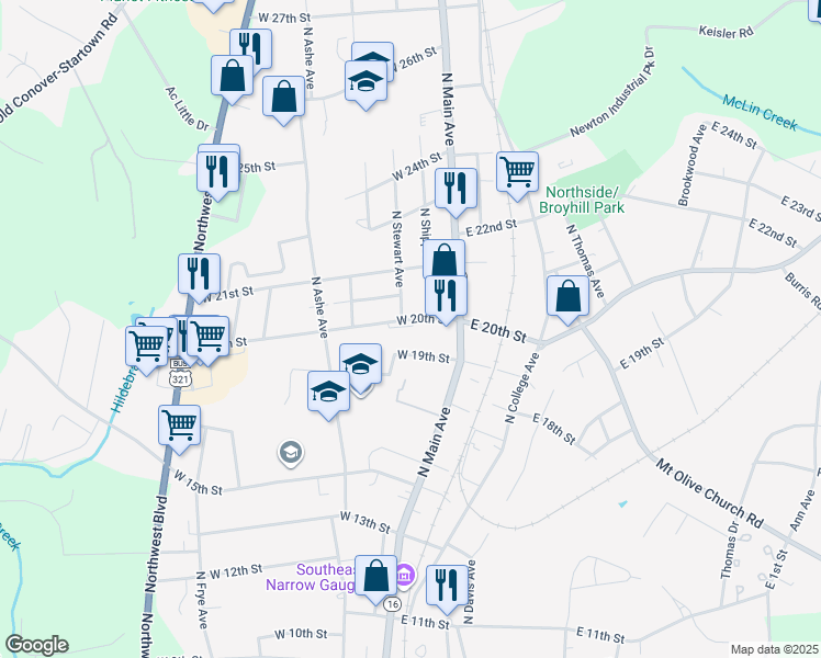 map of restaurants, bars, coffee shops, grocery stores, and more near 107 West 20th Street in Newton