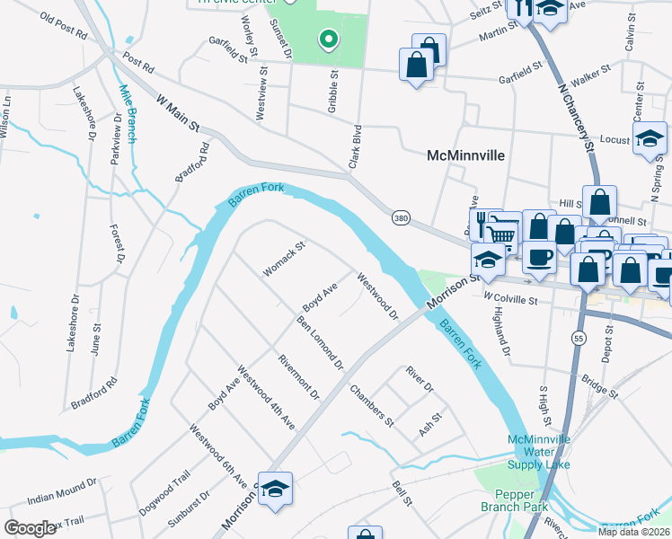map of restaurants, bars, coffee shops, grocery stores, and more near 104 Boyd Avenue in McMinnville