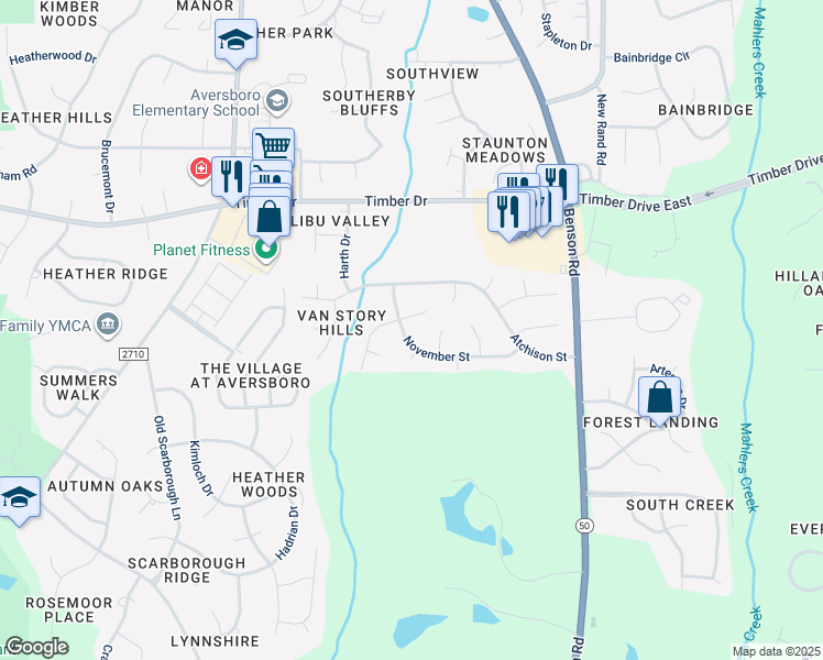 map of restaurants, bars, coffee shops, grocery stores, and more near 504 November Street in Garner