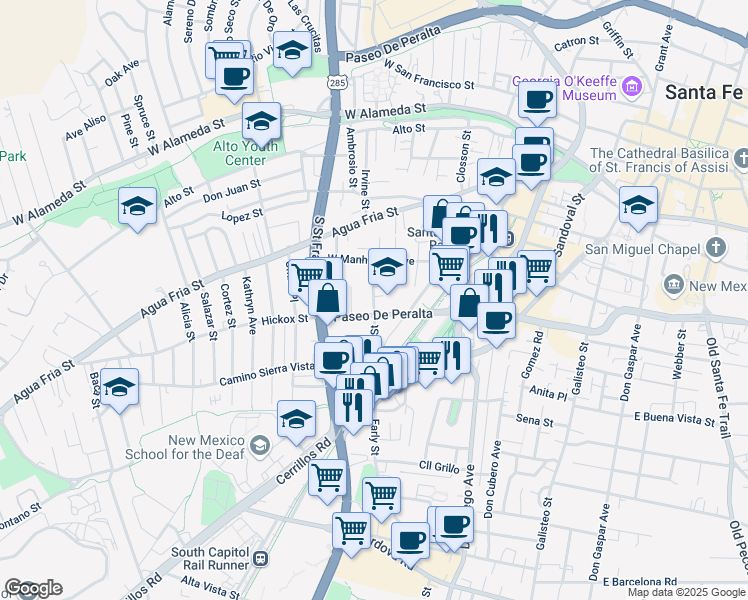 map of restaurants, bars, coffee shops, grocery stores, and more near 551 Alarid Street in Santa Fe