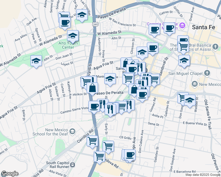 map of restaurants, bars, coffee shops, grocery stores, and more near 551 Alarid Street in Santa Fe
