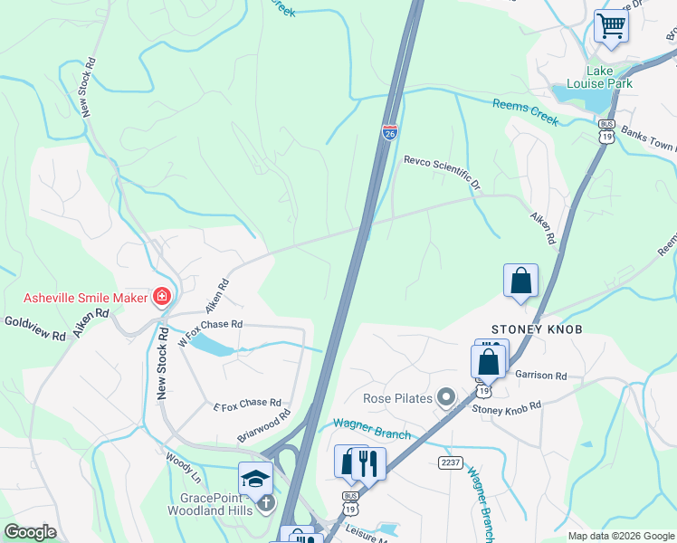 map of restaurants, bars, coffee shops, grocery stores, and more near 450 Aiken Road in Weaverville