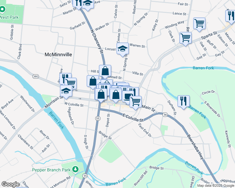 map of restaurants, bars, coffee shops, grocery stores, and more near 107 East Morford Street in McMinnville