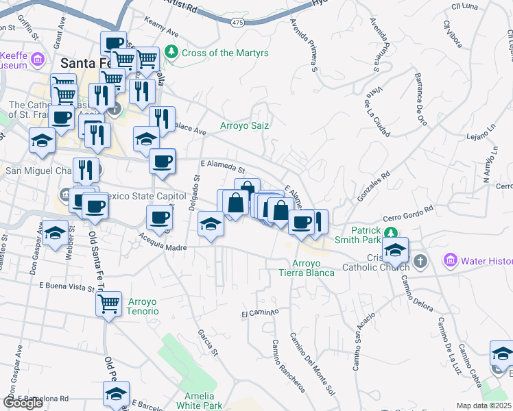 map of restaurants, bars, coffee shops, grocery stores, and more near 624 East Alameda Street in Santa Fe