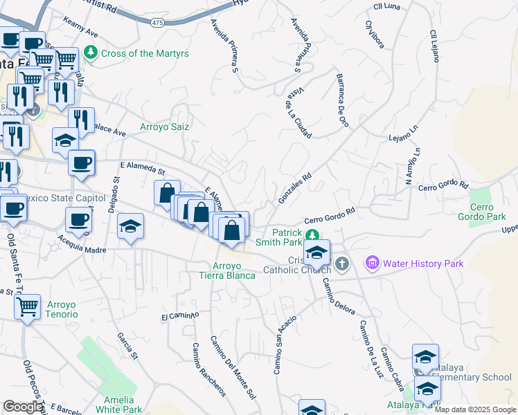map of restaurants, bars, coffee shops, grocery stores, and more near 3 Montoya Circle in Santa Fe