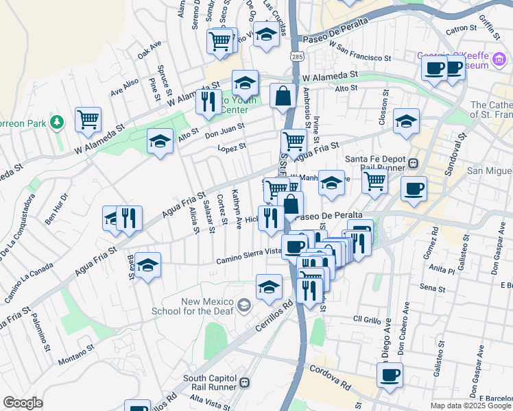 map of restaurants, bars, coffee shops, grocery stores, and more near 545 Franklin Avenue in Santa Fe