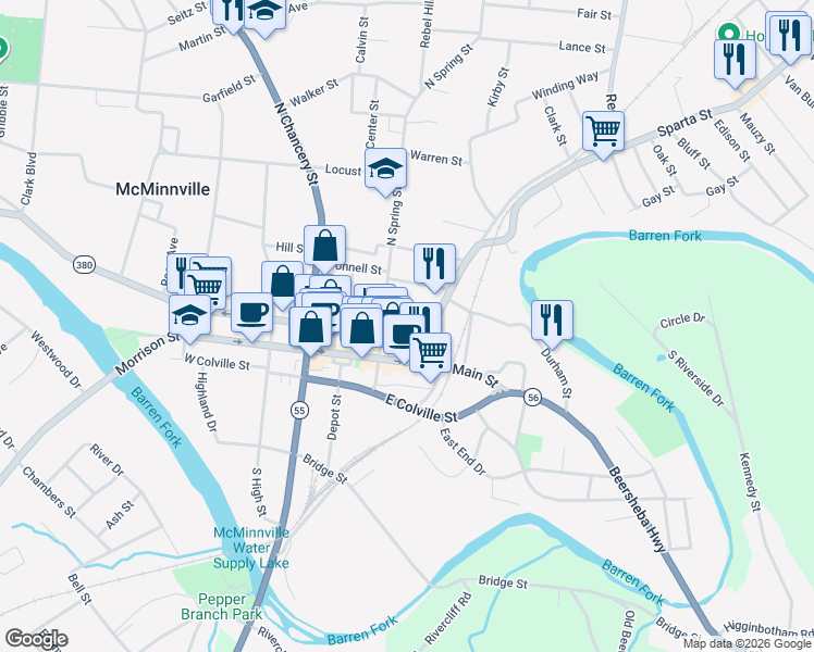 map of restaurants, bars, coffee shops, grocery stores, and more near 229 East Morford Street in McMinnville