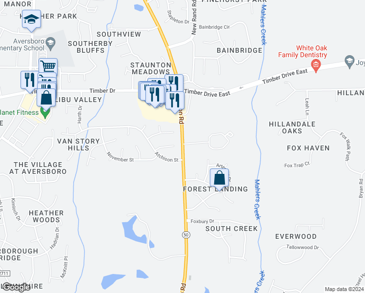 map of restaurants, bars, coffee shops, grocery stores, and more near 1618 Benson Road in Garner