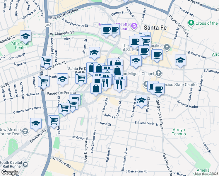 map of restaurants, bars, coffee shops, grocery stores, and more near 505 Cerrillos Road in Santa Fe