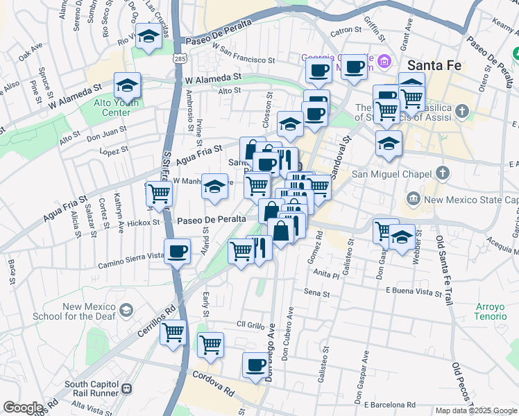 map of restaurants, bars, coffee shops, grocery stores, and more near 1607 Paseo De Peralta in Santa Fe