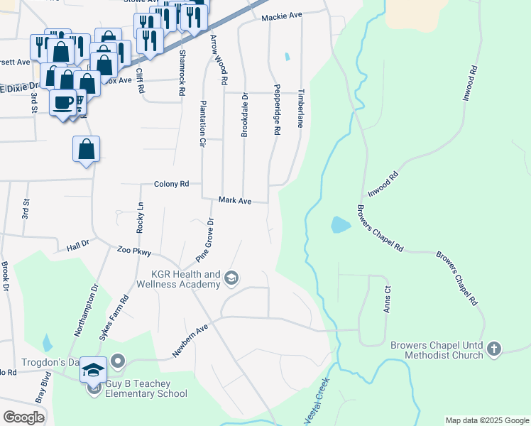 map of restaurants, bars, coffee shops, grocery stores, and more near 1949 Horse Carriage Lane in Asheboro