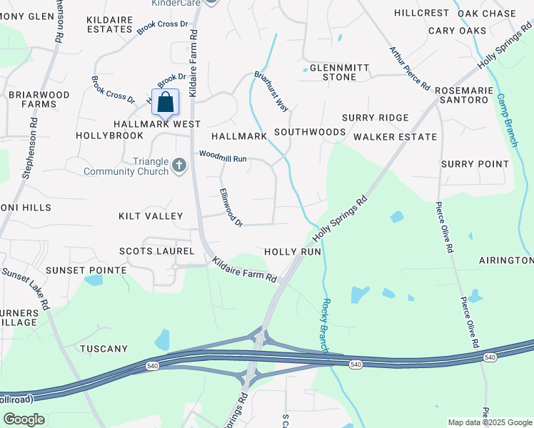 map of restaurants, bars, coffee shops, grocery stores, and more near 4401 Woodmill Run in Apex