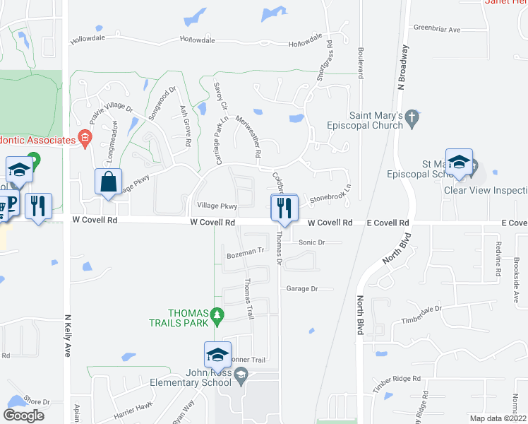 map of restaurants, bars, coffee shops, grocery stores, and more near 362 Crossland Court in Edmond