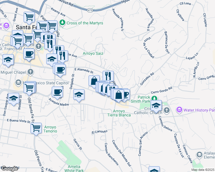 map of restaurants, bars, coffee shops, grocery stores, and more near 653 Canyon Road in Santa Fe