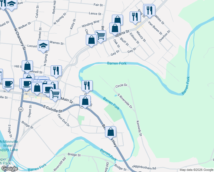 map of restaurants, bars, coffee shops, grocery stores, and more near 343 South Riverside Drive in McMinnville