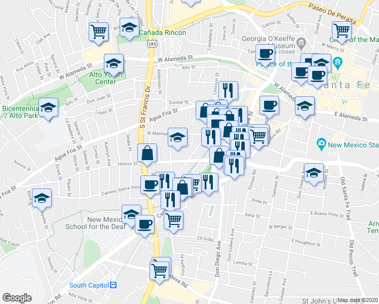 map of restaurants, bars, coffee shops, grocery stores, and more near 1617 Paseo De Peralta in Santa Fe