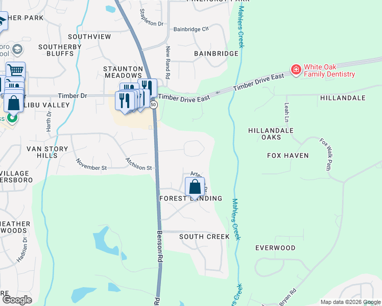 map of restaurants, bars, coffee shops, grocery stores, and more near 400 Evolve Drive in Garner