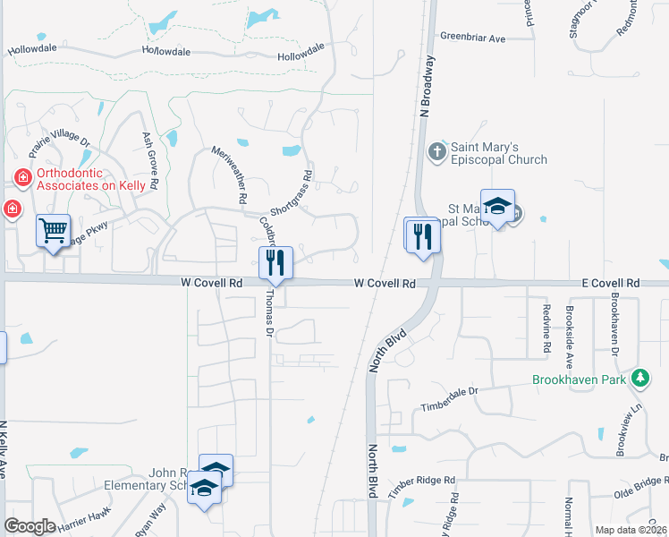 map of restaurants, bars, coffee shops, grocery stores, and more near 200 West Covell Road in Edmond
