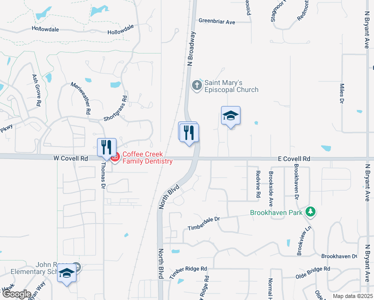 map of restaurants, bars, coffee shops, grocery stores, and more near 2709 North Broadway in Edmond