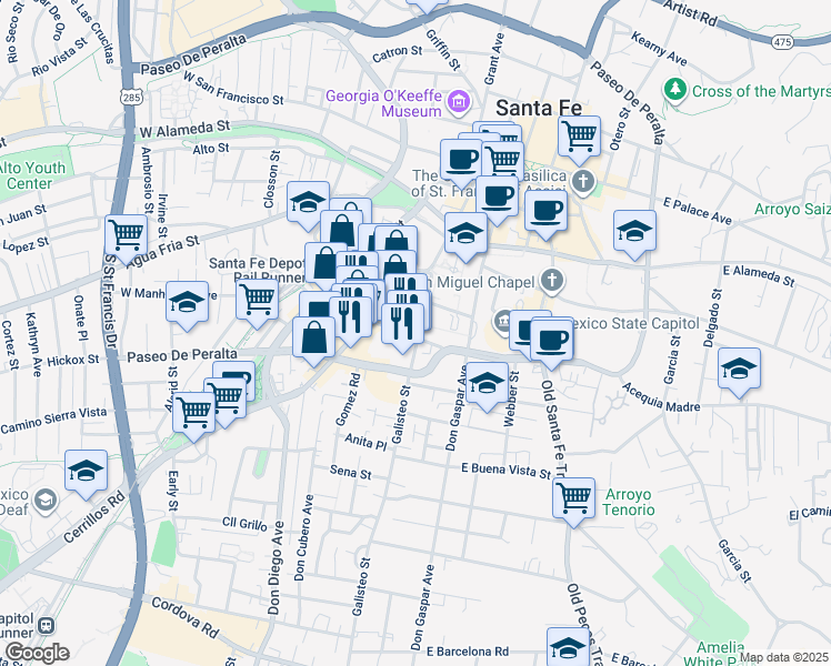 map of restaurants, bars, coffee shops, grocery stores, and more near 444 Galisteo Street in Santa Fe