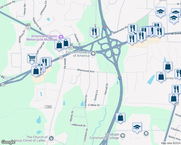 map of restaurants, bars, coffee shops, grocery stores, and more near 837 Sherwood Avenue in Asheboro