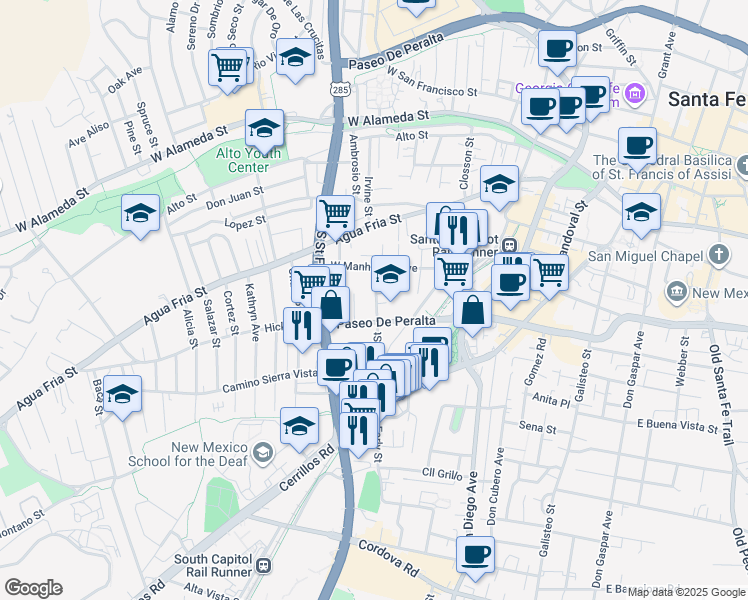 map of restaurants, bars, coffee shops, grocery stores, and more near 534 Alarid Street in Santa Fe