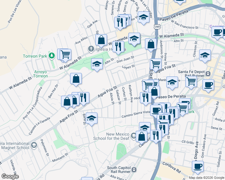 map of restaurants, bars, coffee shops, grocery stores, and more near 500 Alicia Street in Santa Fe