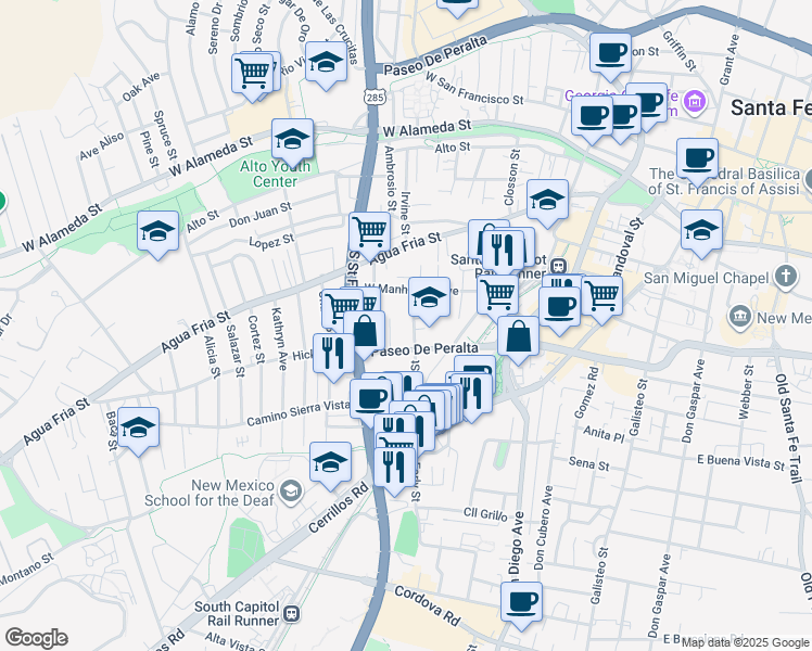 map of restaurants, bars, coffee shops, grocery stores, and more near 534 Alarid Street in Santa Fe