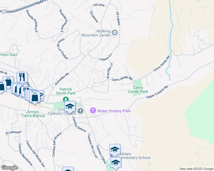 map of restaurants, bars, coffee shops, grocery stores, and more near 1272 Cerro Gordo Road in Santa Fe