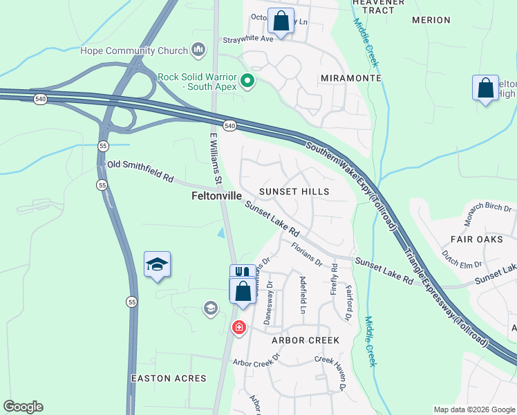 map of restaurants, bars, coffee shops, grocery stores, and more near 126 Sunset Lake Road in Apex