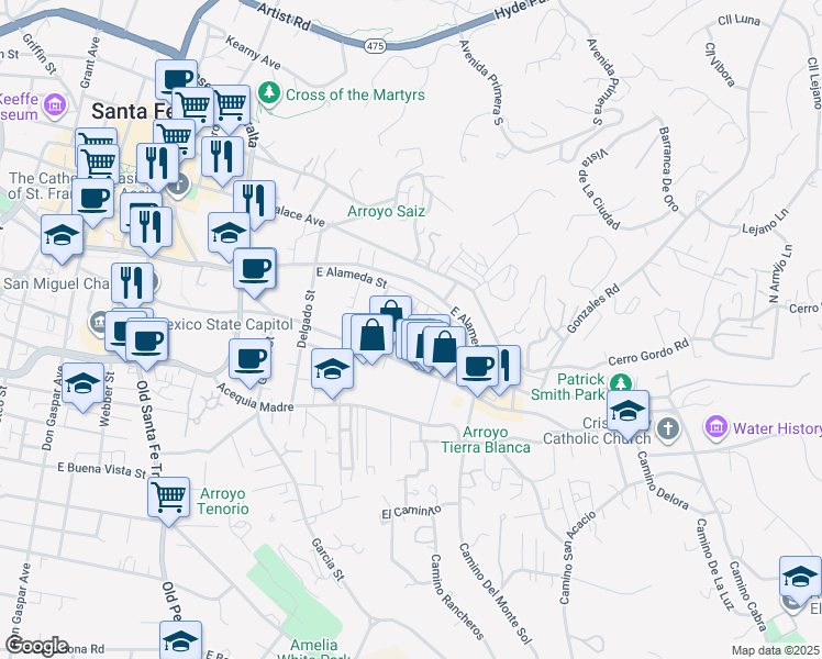 map of restaurants, bars, coffee shops, grocery stores, and more near 641 Canyon Road in Santa Fe