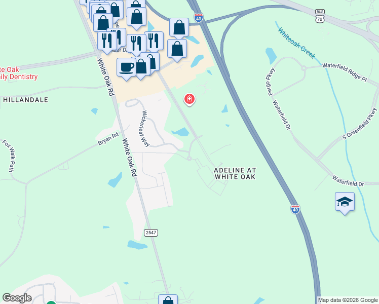 map of restaurants, bars, coffee shops, grocery stores, and more near 205 Wickerleaf Way in Garner