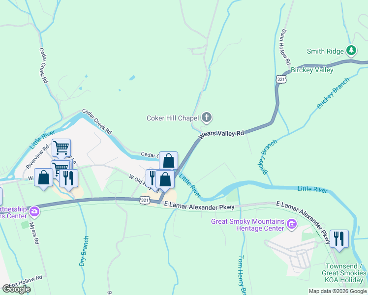 map of restaurants, bars, coffee shops, grocery stores, and more near 209 Wears Valley Road in Townsend