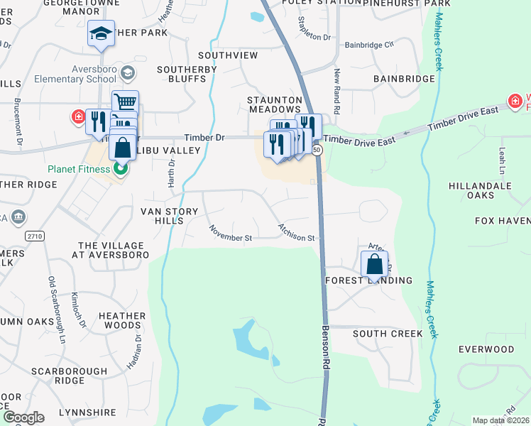 map of restaurants, bars, coffee shops, grocery stores, and more near 106 Olinda Court in Garner