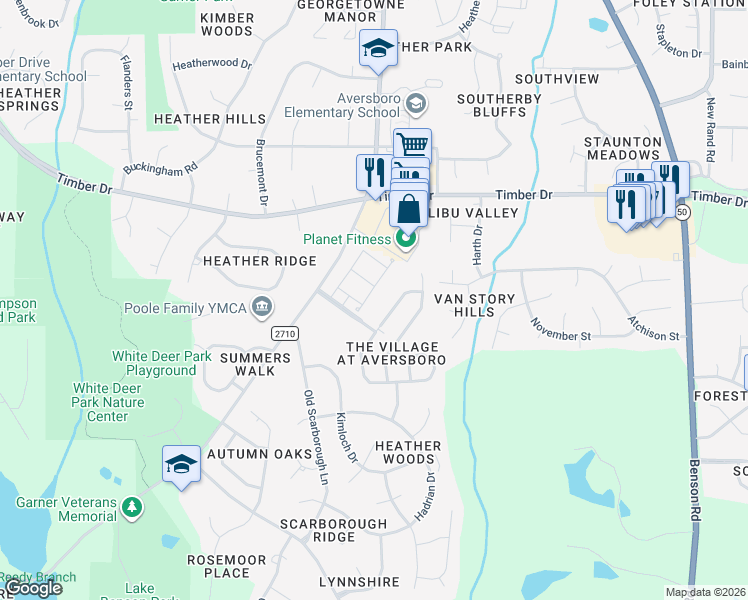 map of restaurants, bars, coffee shops, grocery stores, and more near 165 Easy Wind Lane in Garner