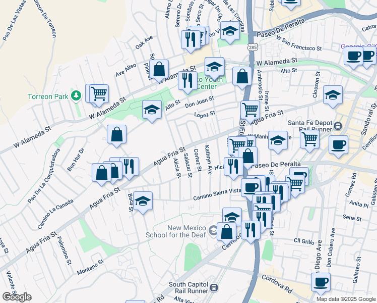 map of restaurants, bars, coffee shops, grocery stores, and more near 514 Salazar Street in Santa Fe