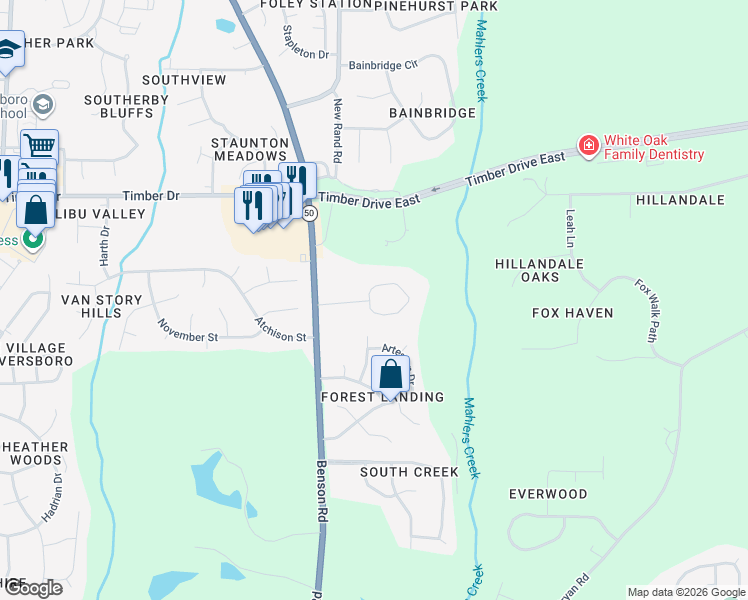 map of restaurants, bars, coffee shops, grocery stores, and more near 400 Evolve Drive in Garner