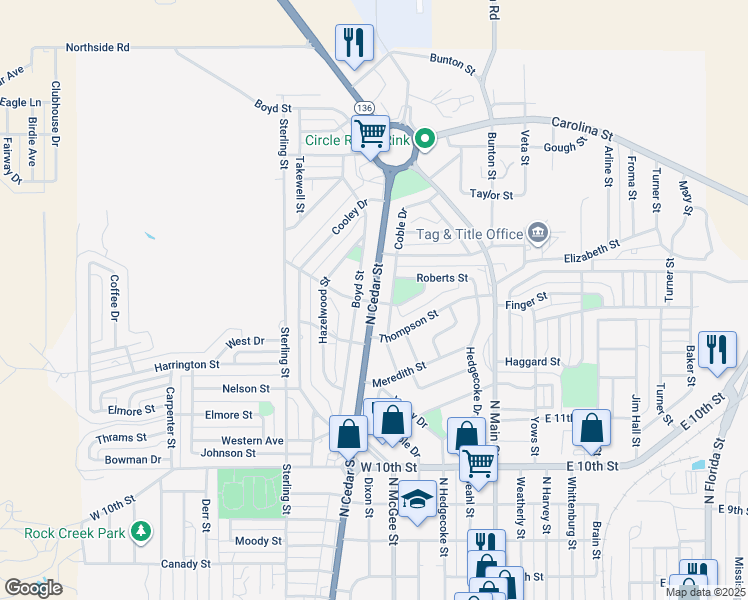 map of restaurants, bars, coffee shops, grocery stores, and more near North Cedar Street in Borger