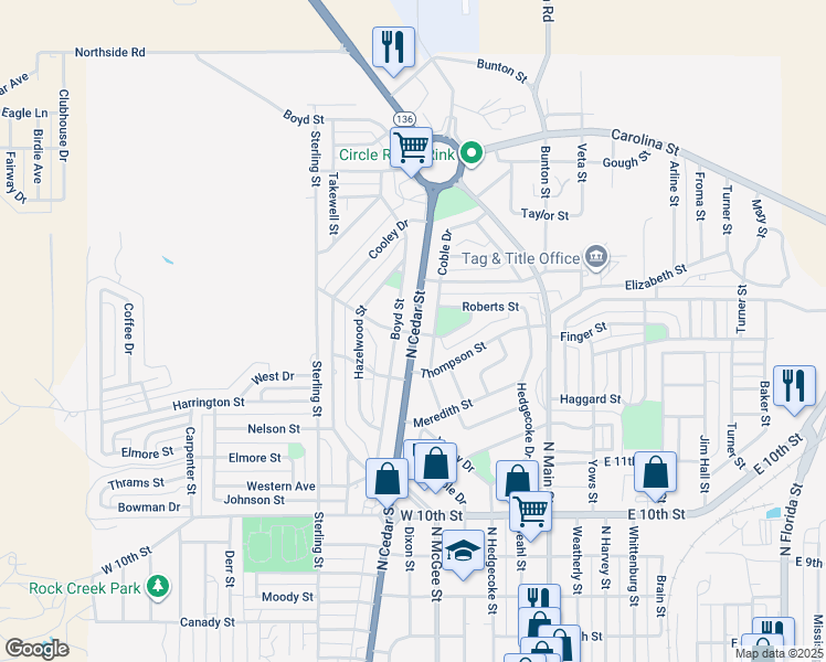 map of restaurants, bars, coffee shops, grocery stores, and more near North Cedar Street in Borger
