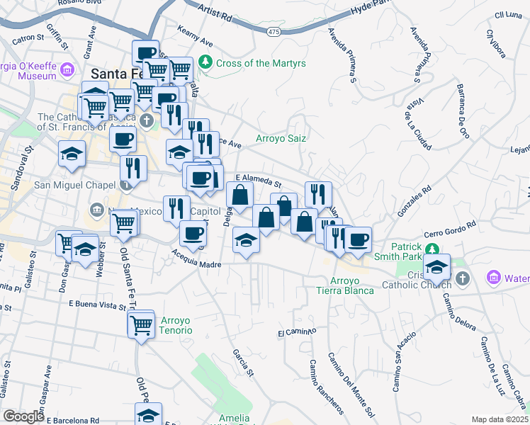 map of restaurants, bars, coffee shops, grocery stores, and more near 540 Canyon Road in Santa Fe