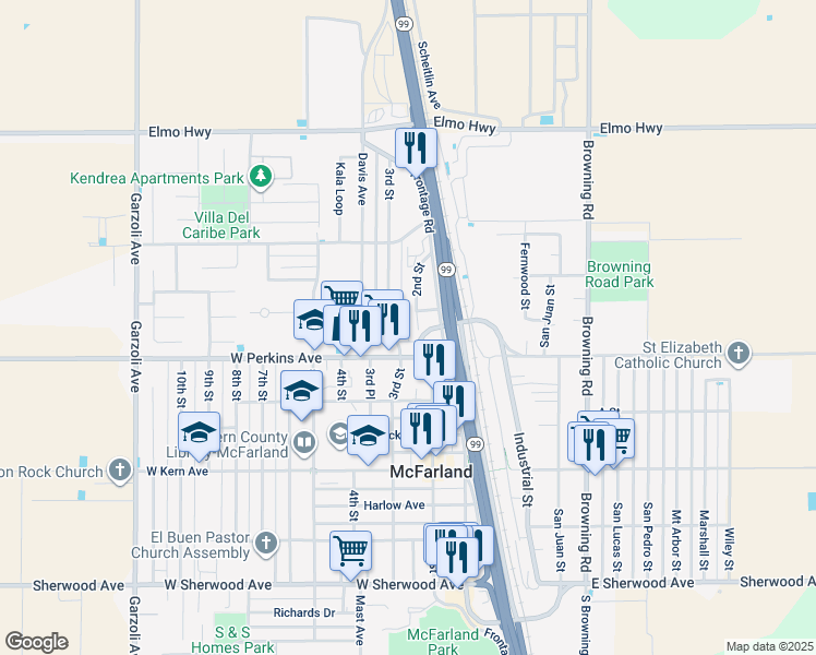 map of restaurants, bars, coffee shops, grocery stores, and more near 300 West Perkins Avenue in McFarland