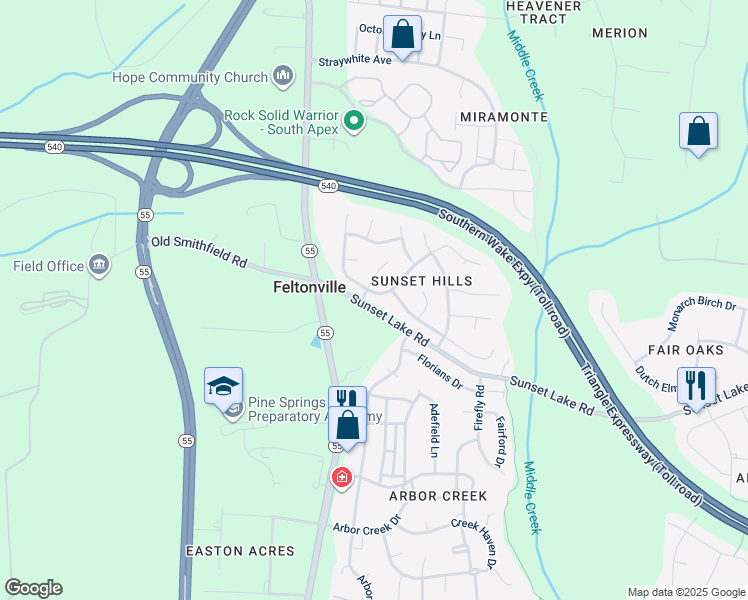 map of restaurants, bars, coffee shops, grocery stores, and more near 102 Thorncrest Drive in Apex