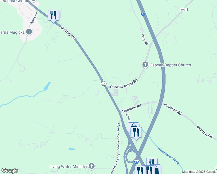 map of restaurants, bars, coffee shops, grocery stores, and more near 107 Ostwalt Amity Road in Troutman