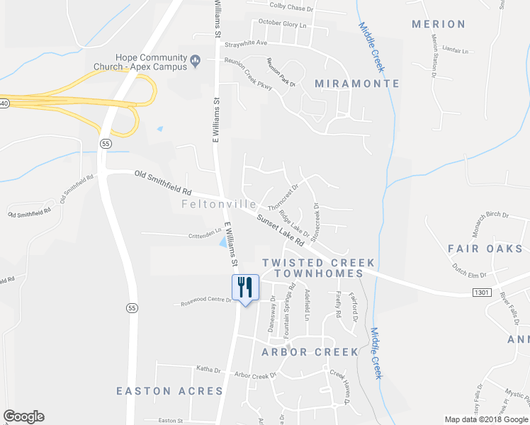 map of restaurants, bars, coffee shops, grocery stores, and more near 102 Thorncrest Drive in Apex